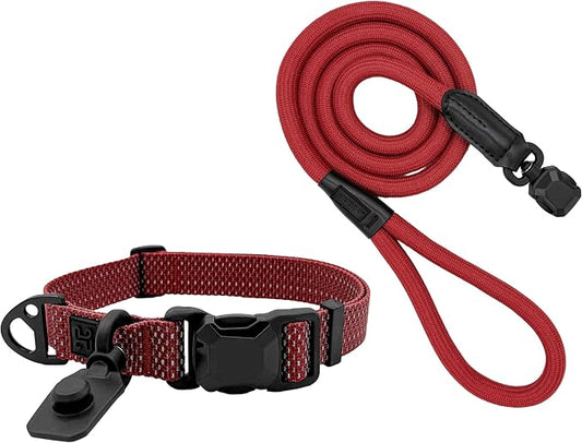 Quick Clip Dog Collar & Rope Leash Set, Red Large – Magnetic Buckle, Reflective