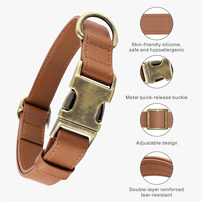Dog Collar and Leash Set,Leather Silicone Waterproof Odor-Proof Dog Collar and Leash for Small Dogs, Soft Flexible Dog Collars, Durable Thick Adjustable Pet Collar (Brown, Small (11-15.5" Neck))