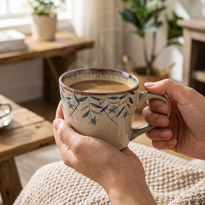 Ceramic Mugs for Men & Women, Unique Microwave & Dishwasher Safe Tea/Coffee Rustic Stoneware Cups for Office & Home (Platycodon flower)
