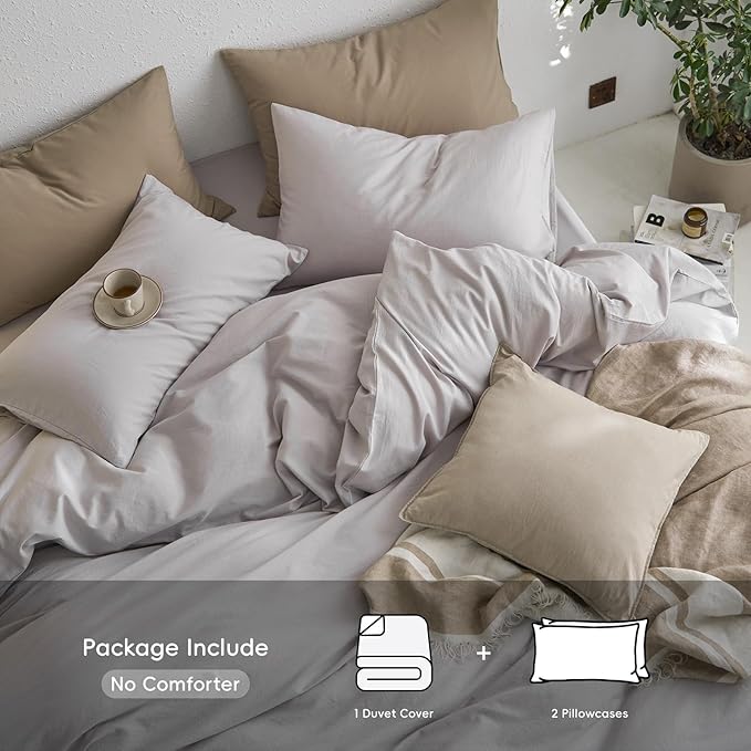 MooMee Full Duvet Cover Set, 100% Washed Cotton Linen Like Twill Thick Sturdy Material Super Soft Breathable Durable Bedding for All Season, 3 Pieces (Light Gray, Full 80"x90")