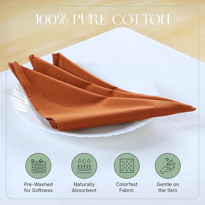 Cloth Napkins Set of 12, 100% Cotton Fabric Reusable Dinner Napkins, 18 x 18 Inch Washable Table & Kitchen Napkins for Everyday Dining, Entertaining, Home & Restaurant Use, Rust