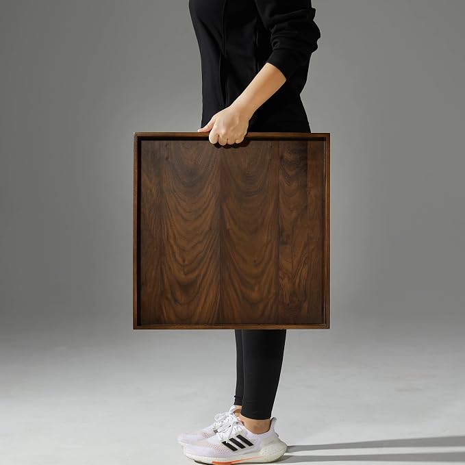 19 x 19 Inches Black Walnut Large Ottoman Tray Solid Wooden Table Square Platter Decorative Serving Tray with Handles for Oversized Ottoman Home Breakfast in Bed Tea Coffee