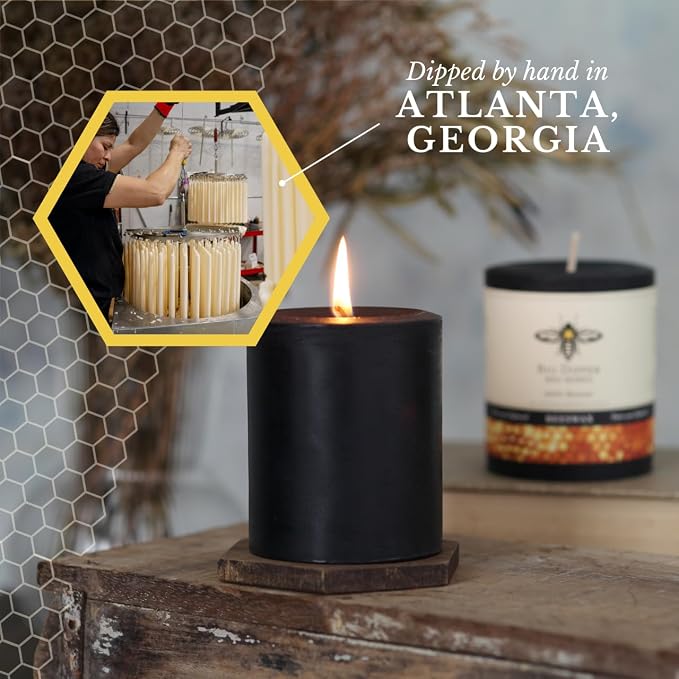 Big Dipper Wax Works Black Pillar Candle, 40-Hour Long Burn, Pure Beeswax Candle, 2" x 4.75”