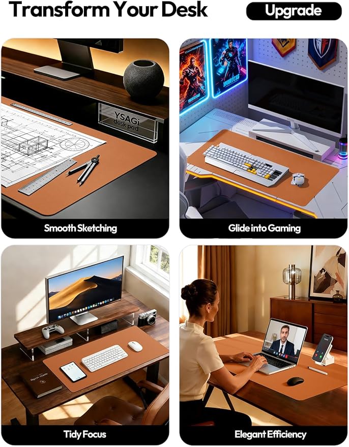 YSAGi Leather Desk Protector, Office Mat, Large Mouse Mat, Non-Slip PU Leather Blotter, Laptop Desk Mat, Waterproof Writing Pad for Office and Home(Brown, 42" x 17.2")