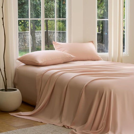 DOZ Sheet Set, 100% Viscose derived from Bamboo, Organically Grown, Buttery Soft, Cooling Sheets, High GSM, Deep Pockets - 2 Piece - 1 Pillowcase 1 Fitted Sheet (Blush, Twin XL)