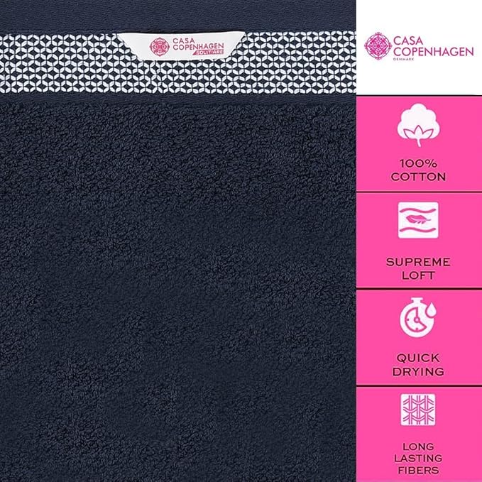 CASA COPENHAGEN Solitaire 6Pcs 100% Egyptian Cotton Large Designer Towels Gift Set- Navy Blue, 600GSM, 2Bath 2Hand 2Washcloths, Bath Towels for Bathroom Set for Women & Men
