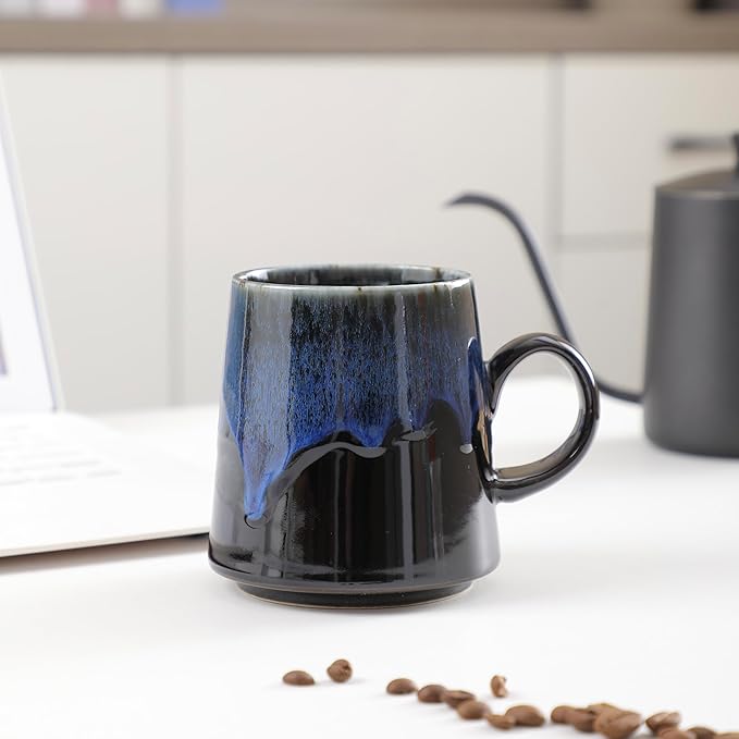 15oz Japanese style Handmade Ceramic Coffee Mug - Unique Pottery tea cup, Lead-free Artisanal stoneware ceramic tea mug, Dishwasher & Microwave Safe Coffee cup for office and home, Blue and Black