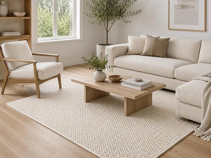Wool Area Rug - Handmade Natural Wool Carpet Rug, Textured Design, Handwoven Ivory Rug - Suitable for Hallway, Bedroom, Dining Room (Ivory- 3'x5')