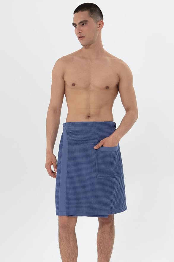SEYANTE Men's Organic Waffle Spa Wrap – GOTS Certified 100% Turkish Cotton, Adjustable Closure, Same-Color Piping