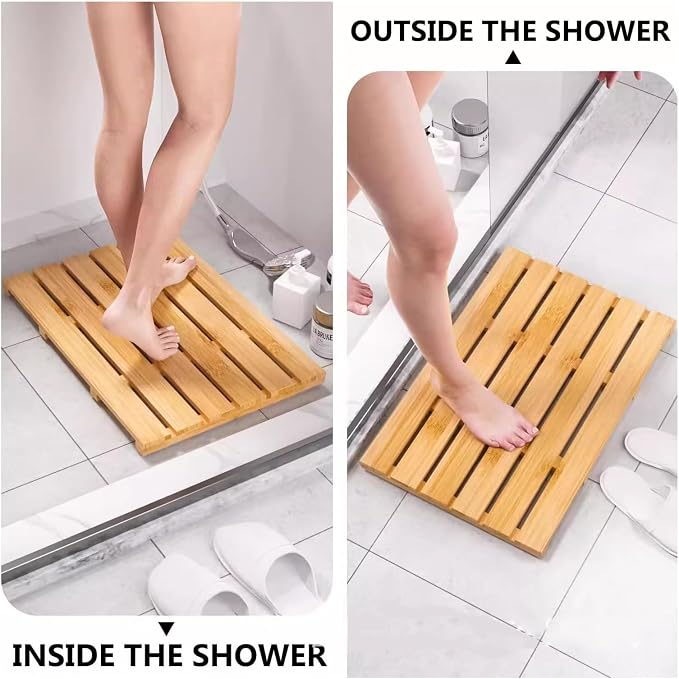 Waterproof Solid Wooden Shower Mat,Bathroom Bamboo Bath Mat,Natural Wooden Bath Mats,Duck Board,with Non Slip Feet, for Kitchen Bedroom Bathtub Doormat Pet Mats(W60xL100cm)