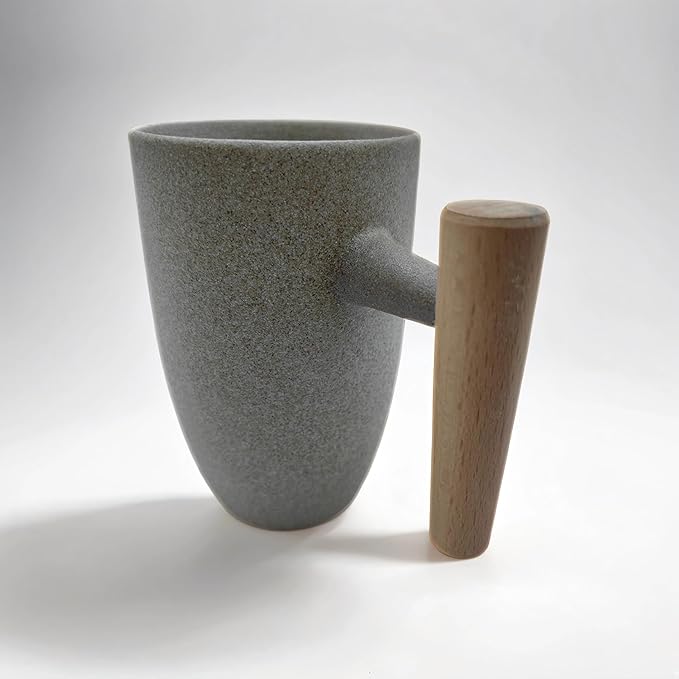 Hippo Family Vintage Ceramic Mug with Wooden Handle, 12oz, Rustic Matte Ceramic Glaze,Japanese Style (Stone)