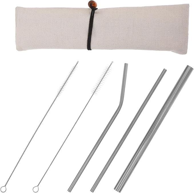 COHEALI Reusable Stainless Steel Drinking Straws Set, Gold-plated Thickened Straight and Curved Metal Straws with Cleaning Brush and Storage Bag, Silver 6pcs Kit for Travel and Home Use