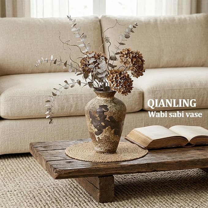 Wabi Sabi Decor Rusty Vintage Vase - 8.7" Tall Rustic Farmhouse Wabi Sabi Vase for Centerpiece, Pottery Stone Flower Vases for Home Decor, Table, Living Room, Bedroom, Bathroom, Kitchen (Rusty Stone)