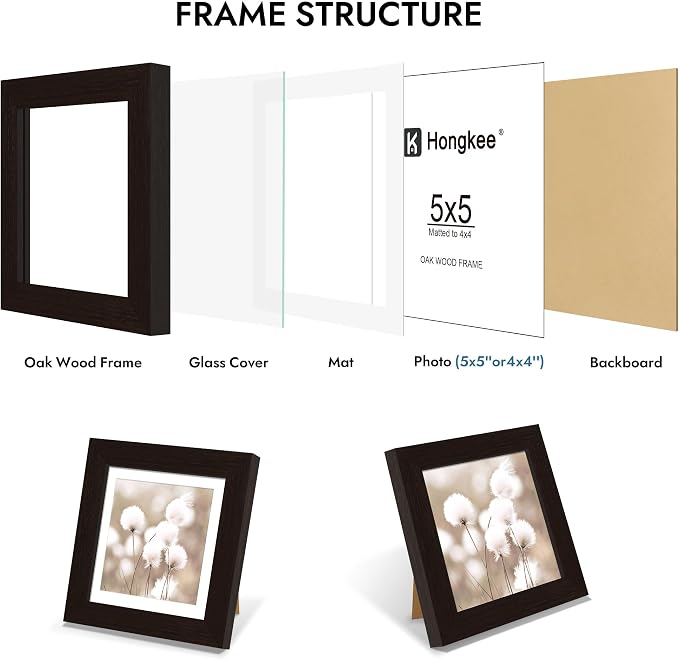 Hongkee 5x5 Oak Wood Picture Frame 1 Pack(Matted 4x4) with Real Glass Cover | Black, 5 x 5 Solid Wood Frame for Wall or Tabletop Display - Includes Easel Back, Vertical Hang - Ideal for Home, Office