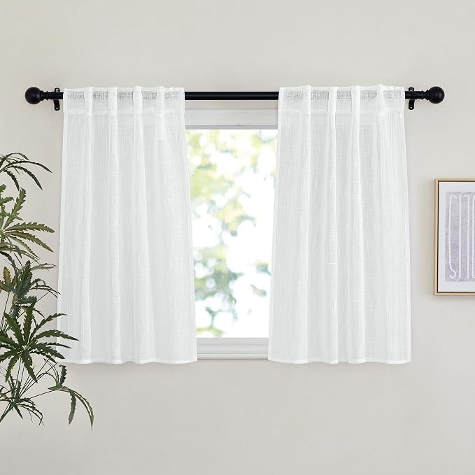 NICETOWN White Semi Sheer Linen Kitchen Curtains 36 inch Length, Rod Pocket & Back Tab Linen Weave Window Treatments Vertical Drapes Privacy with Light Through for Cafe, W29 x L36, 2 Panels