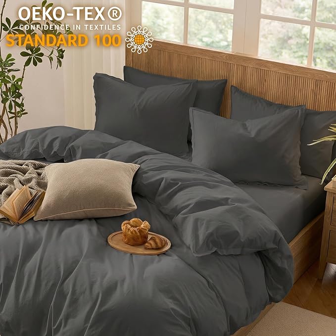 Duvet Cover Set Queen Size, 100% Washed Cotton, Light Weight Breathable Comforter Cover Linen Feel,3PCs Breathable Bedding Set for All Season, Grey 90"x90"