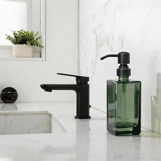 13.5 Oz Green Glass Soap Dispenser with Rust Proof Stainless Steel Pump, Antique Design Refillable Square Lotion Dispenser for Bathroom, Premium Kitchen Hand Soap (Oil Rubbed Bronze)