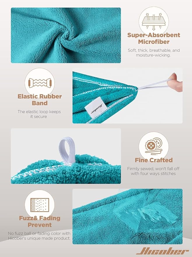 Hicober Microfiber Hair Towel, Hair Turbans for Wet Hair, Drying Hair Wrap Towels for Curly Hair Women Anti Frizz, 3 Packs (Plum,Navy,Aqua Green)