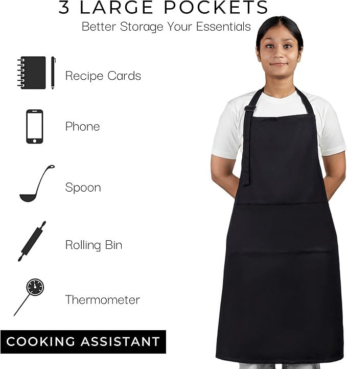 RAJRANG 100% Cotton Cooking Apron with 3 Pockets Kitchen Chef BBQ Adjustable Bib Aprons for Women Men