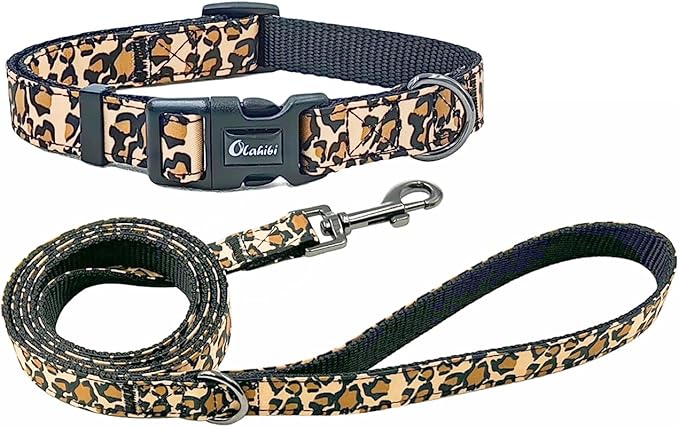 Dog Collar Leash Set, Leopard Pattern, Nylon Webbing Plus Cotton Ribbon, 5ft Matching Leash, for Medium Dogs.(M, Brown Leopard)