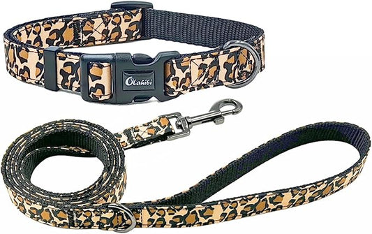 Dog Collar Leash Set, Leopard Pattern, Nylon Webbing Plus Cotton Ribbon, 5ft Matching Leash, for Medium Dogs.(M, Brown Leopard)