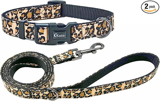 Dog Collar Leash Set, Leopard Pattern, Nylon Webbing Plus Cotton Ribbon, 5ft Matching Leash, for Large Dogs.(L, Brown Leopard)