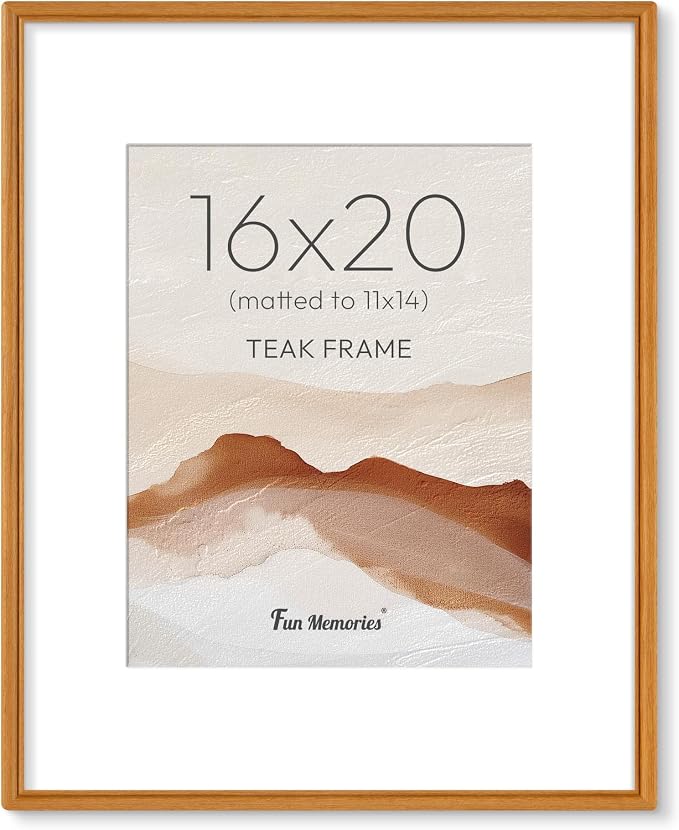 16x20 Picture Frame with Mat for 11x14, USA-Sourced Teak Wood Handcrafted Rounded Corner with HD Tempered Glass, 16 x 20 Gallery Wall Frames for Posters & Art Prints, Vertically or Horizontally