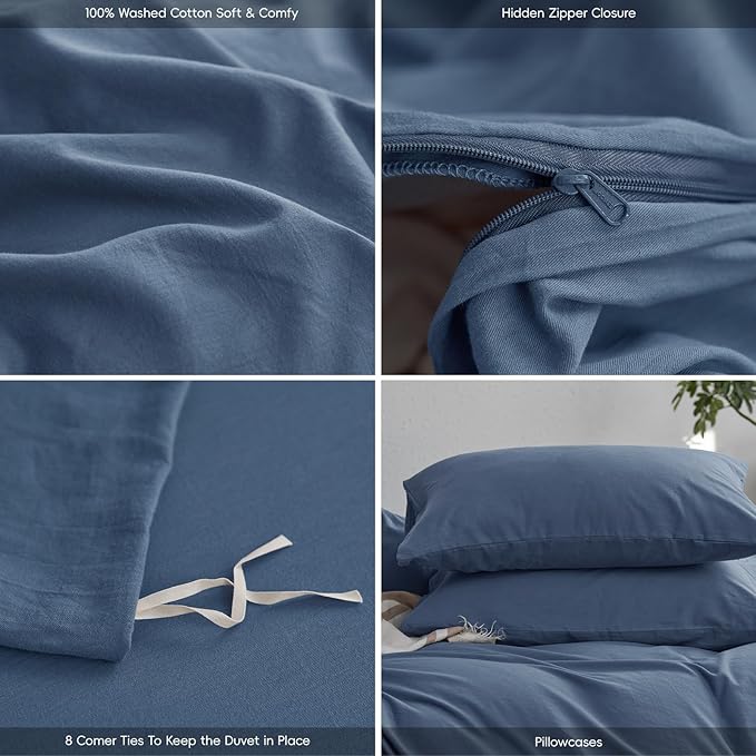 MooMee Duvet Cover Set King Size, 100% Washed Cotton Linen Twill Thick Sturdy Breathable Material Super Soft Durable Hotel Quality Bedding for All Season, 3 Pieces(Blue, King 104"x90")