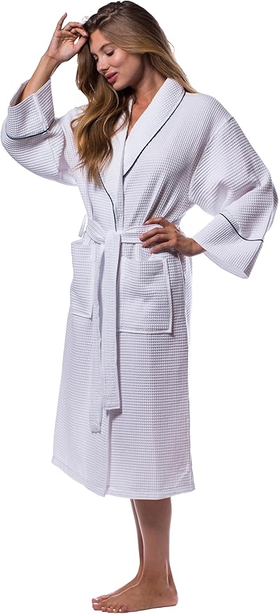 Turquaz Lightweight Waffle Knit Kimono Bathrobe - Soft Cotton Blend Spa Robe, Fast-Drying Full-Length Unisex Robes for Women