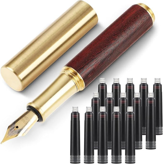 Andibro Vintage Wooden Mini Fountain Pen, Short Pocket Travel Fountain Pen Fine Nip Pen Fancy Pens Smooth Writing with 15 Pcs 2.6mm Black Ink Cartridges for Journaling Office School Supplies(B)
