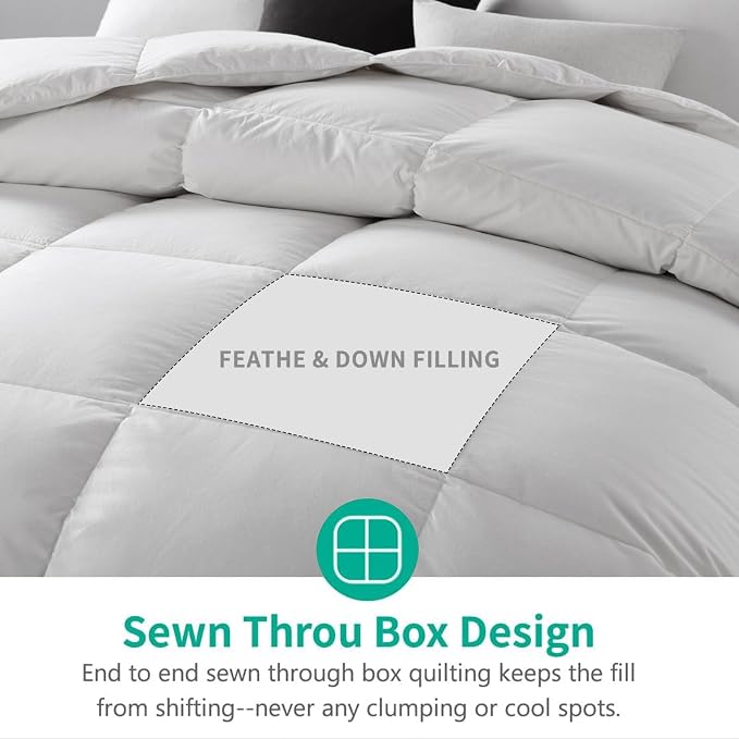 APSMILE Oversized King Feathers Down Comforter - Ultra Soft All Seasons 100% Organic Cotton Duvet Insert Medium Warm Quilted Bed Comforter with Corner Tabs (120x98, White)