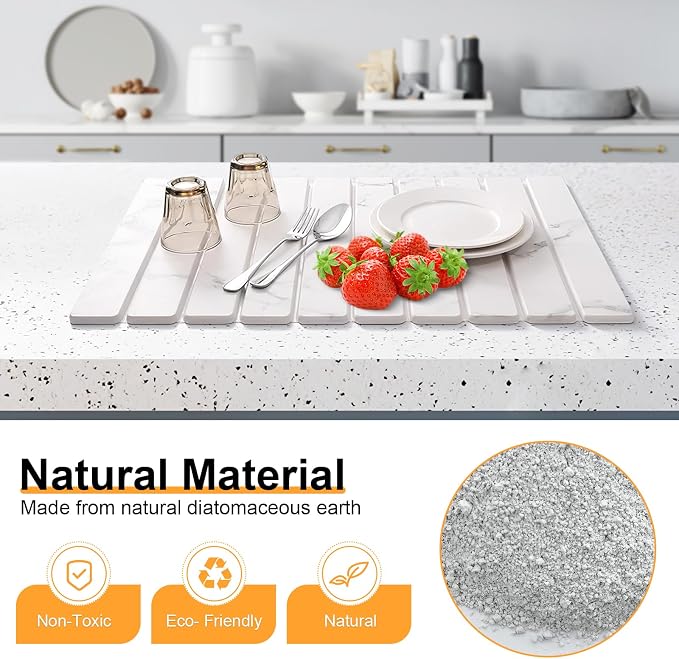 Large Stone Dish Drying Mat, Collapsible Stone Drying Mat for Kitchen Counter 24"(L)×16"(W) Absorbent Diatomaceous Earth Drying Mat, Quick Dish Drying Mats for Cups Dishes Bathroom Marble Pattern