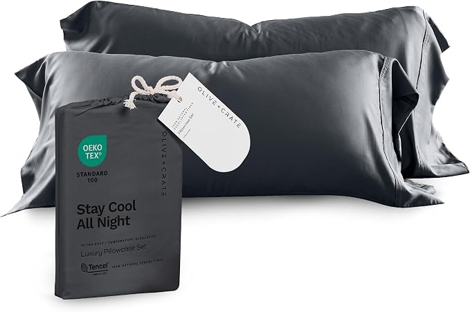 Olive + Crate Eucalyptus Cooling Pillowcases Queen Size | Certified Tencel Lyocell Fiber | Cool Vegan Silk Static Free for Skin and Hair | Softer Than Cotton and Linen | Charcoal