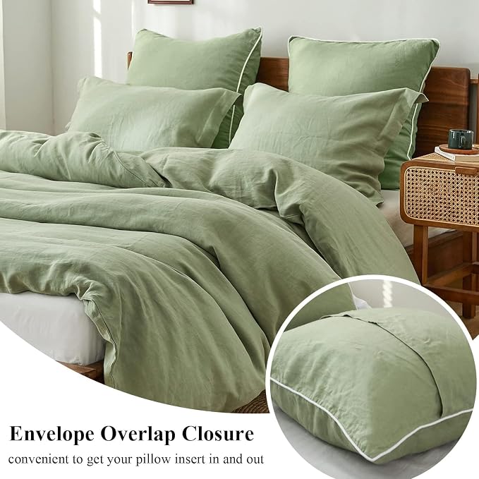 Simple&Opulence 100% Linen Euro Sham Covers with Piping Trim, 26"x26" Pillow Cover Set of 2, Breathable Pillow Shams for Bed Couch Decorative Cushions, Sage Green