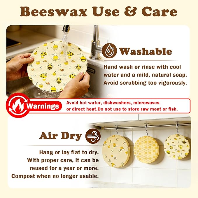 Reusable Beeswax Bowl Covers for Bread Proofing & Food Storage, Eco-Friendly Organic Cotton & Natural Wax & Resin, for Baking, Picnic, Pet Food, Sustainable Kitchen (Honeybee001, 2*12''+2*10''+2*8'')