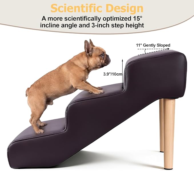 3-Step 15.7" H Dog Stairs for Bed Couch, Waterproof & Scratch PU Leather Pet Steps for Small Dogs and Cats, Dog Ramp with 220 lbs Maximum, Oak Leg & Solid Wood, Non-Slip Feet Brown