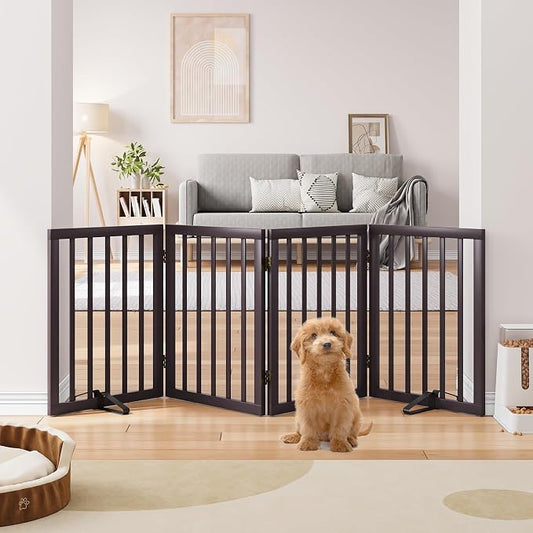 Freestanding Bamboo Wood Dog Gate Indoor, 4-Panel Pet Gates with 2 Stands and 360° Hinge for Doorways and Stairs, Puppy Gate for The House, Fully Assembled Safety Fence 74" W x 24" H - Espresso