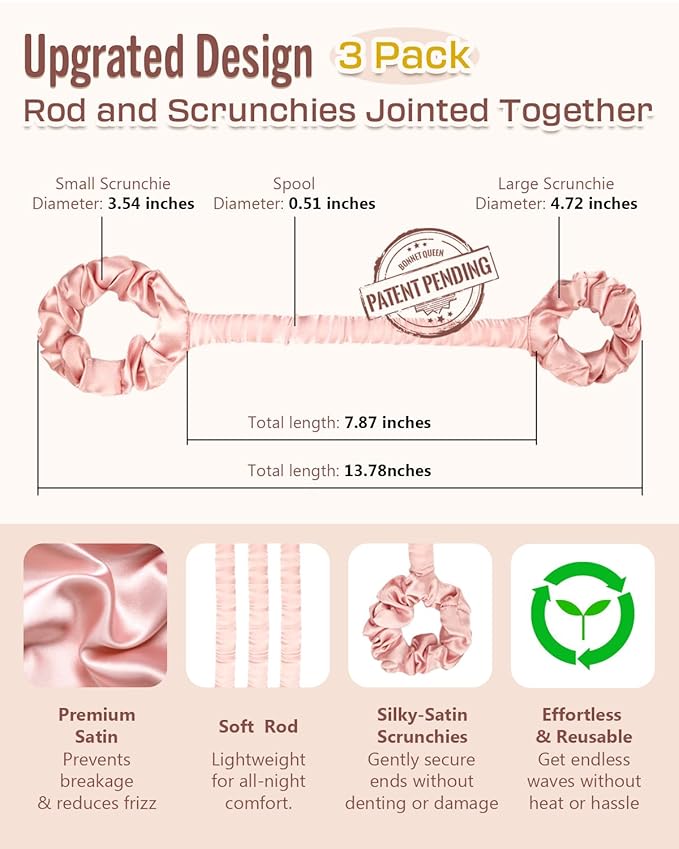 BONNET QUEEN Heatless Hair Curler Set (3Pcs), Heatless Curls Overnight with Satin Hair Rollers for Women, Cream Pink (For Short Hair)