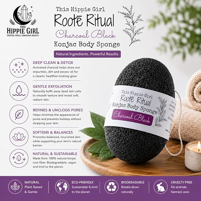 Roote Ritual Konjac Body Sponge – 100% Natural Exfoliating Shower Sponge for Sensitive Skin – Gently Deep Cleanses & Softens, Earth-Friendly, Biodegradable, Vegan – for Women, Men (Charcoal Black)
