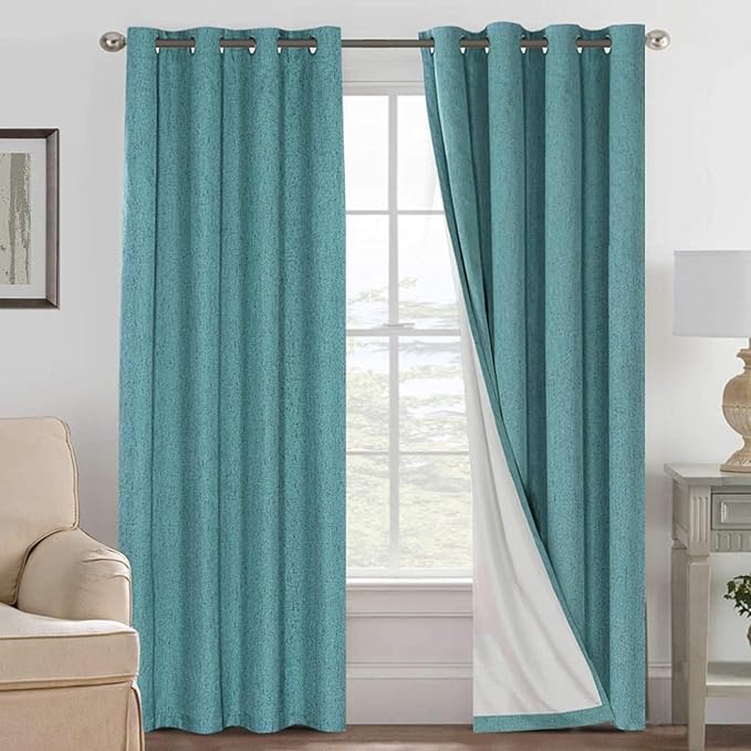H.VERSAILTEX Blackout Curtains Linen Curtains 120 inches Long 100% Black Out Curtains for Bedroom Windows, Textured Linen Look Draperies Grommet with White Liner, 2 Panels, Teal