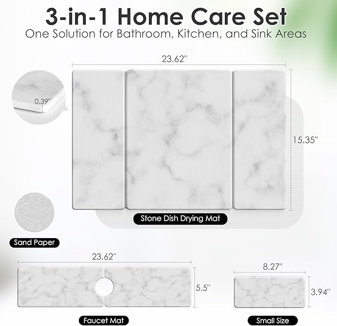 3 PCS Large Stone Dish Drying Mat for Kitchen Counter -24"x16" Absorbent Diatomaceous Earth Mat with Stone Faucet Mat & Soap Tray - Quick Dry, Collapsible, Non-Slip Countertop Organizer