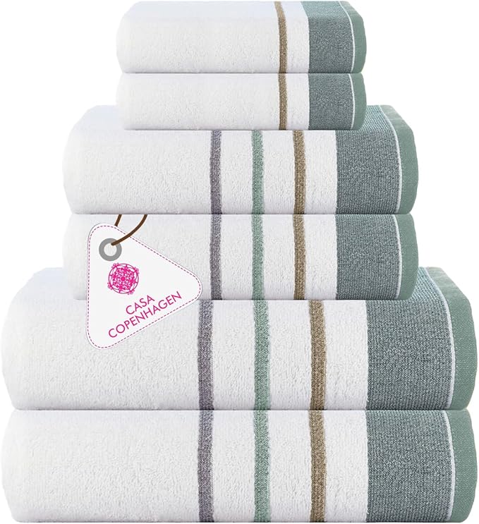 CASA COPENHAGEN White Bay 6Pcs 100% Egyptian Cotton Large Designer Towels Gift Set- Silver Grey - Sea Grass, 600GSM, 2Bath 2Hand 2Washcloths, Bath Towels for Bathroom (Gift Set for Women & Men)