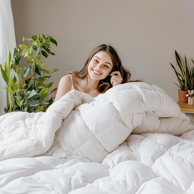 SANSWAN Goose Down Feather Fiber Comforter Oversized King Size - All Season White Duvet Insert with 100% Organic Cotton Fabric - Luxury Hotel Collection Bedding,Ultra Soft,Medium Warmth 116"x98"