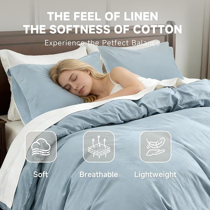 QKTE French Linen Duvet Cover Set, 3 PCS Natural French Flax Dusty Blue Duvet Cover Queen Size, Breathable Soft Comfy Linen Bedding Comforter Cover with 2 Pillowcases(Dusty Blue, 88" x 92")