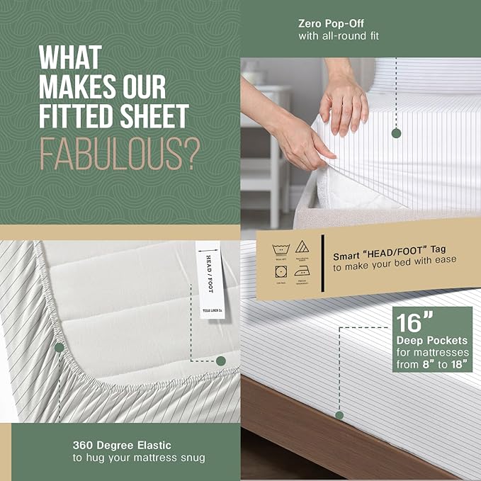 TEXAS LINEN CO. 100% Organic Cotton Percale Sheets Full Size - 4 PC Organic Cotton Full Size Percale Printed Sheet Sets, Soft, Crisp, Cooling Sheets, 16" Deep Pocket Hotel Set - Light Grey Pinstripe