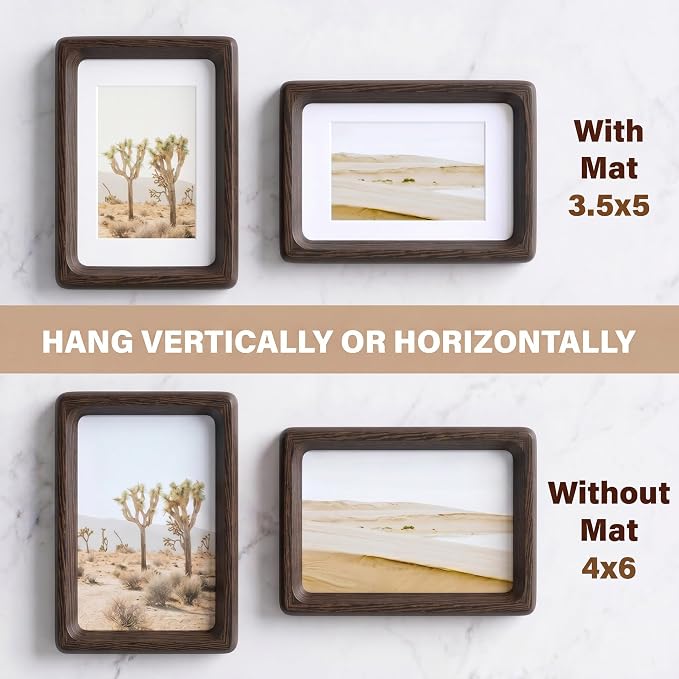Fun Memories 4x6 Picture Frame, Natural Wenge Wood Photo Frames with HD Tempered Glass, Handcrafted Rounded Corner 4 x 6 Wooden Frame Matted to 3.5x5 Photos, 4x6 Frames, Tabletop or Wall Display