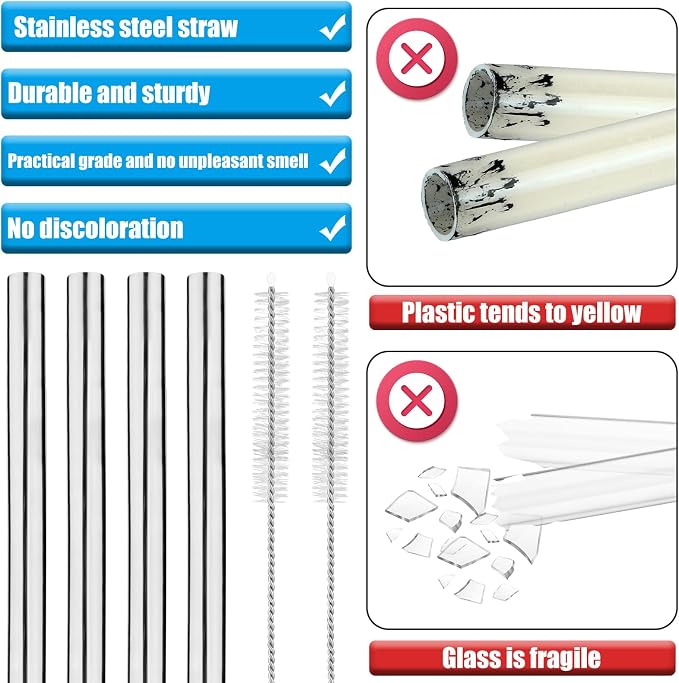 4pcs Metal Straw Replacement Parts for Owala Kids FreeSip Water Bottle 16 oz, Reusable Stainless Steel Tumbler Straw with 2 Straw Cleaner Brush