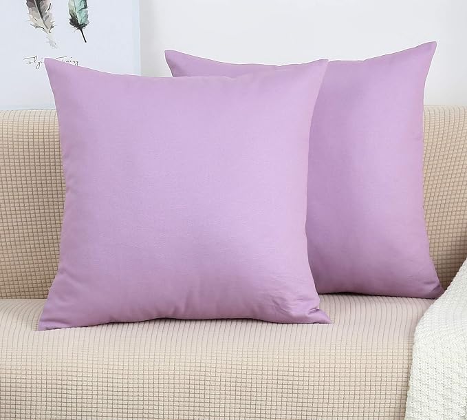 TangDepot Cotton Solid Throw Pillow Covers, 24" x 24" , Light Purple Lavende, 1 Count (Pack of 1) | 100% cotton, same-color zip, machine wash & air dry. For living room, bedroom, office, car. 42 colors, 369 sizes. Cover only.