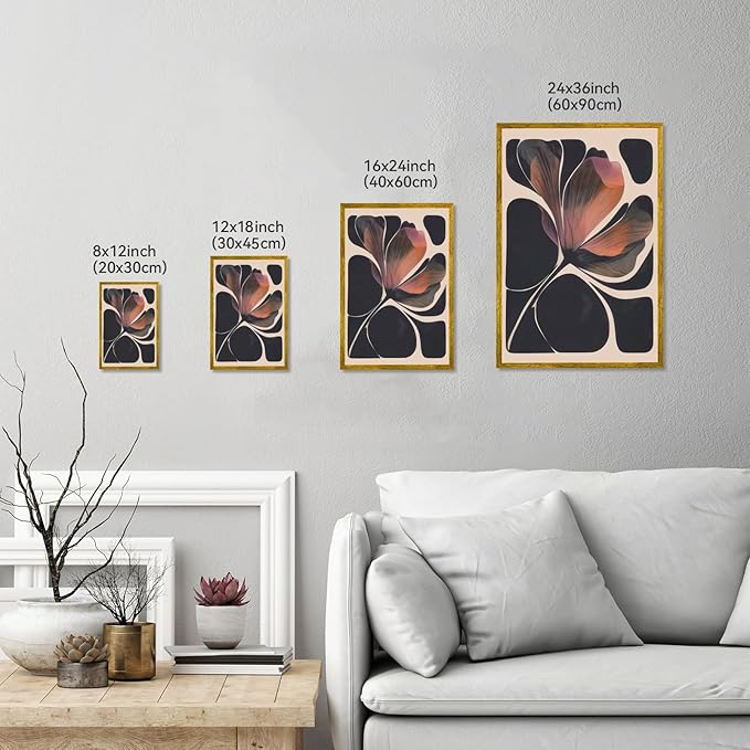 Abstract Floral Wall Art Prints Set of 2 Modern Mid Century Botanical Canvas Painting Posters Black Orange Flower Picture Wall Decor Aesthetic for Bedroom Home Decor 12x18inch Gold Framed