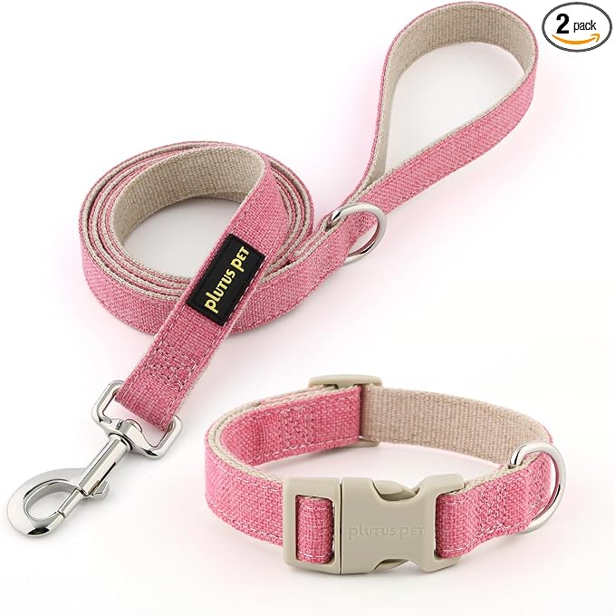 Plutus Pet Cotton Hemp Dog Collar and Leash Set, Adjustable Collar for Small, Medium, and Large Dogs, Heavy Duty and Soft on Skin, Hot Pink, S